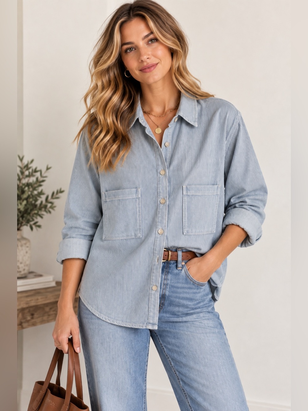 Anthro Self Contrast Striped Button-Up Shirt Jacket in Light Blue medium